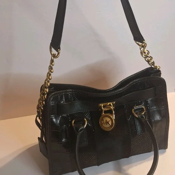 Michael Kors  Mixed Media Haircalf Black Leather Shoulder Bag with Gold Details - Picture 2 of 14